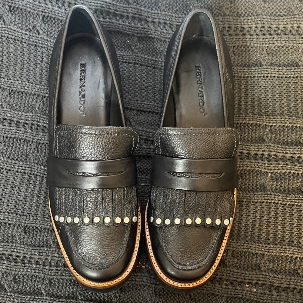 Bernardo Black Leather Studded Fringe Loafers with Tan Welt